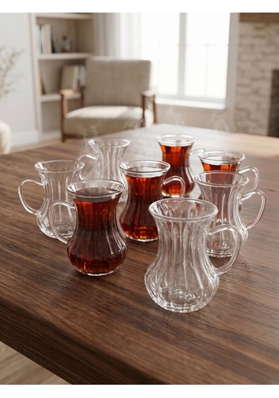 Lüks Detaylı Kulplu Cam Çay Bardağı Seti 6 Kişilik 150 Ml Beyaz