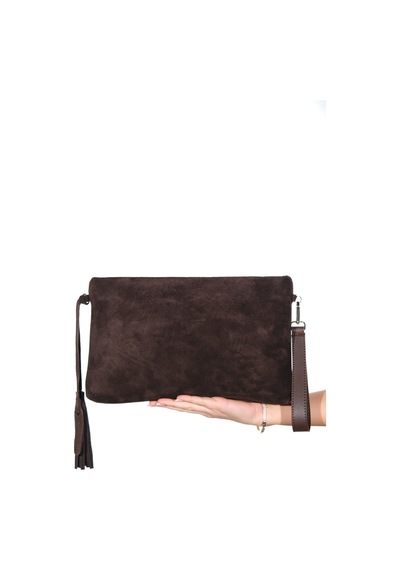 Morden Kahverengi Süet Hakiki Deri Kadın Clutch Çanta Kahverengi