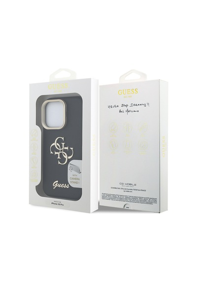 Apple Uyumlu iPhone 16 Pro Kılıf Guess Lisanslı Grained Yazı Logolu Kamera Standlı Kapak Siyah