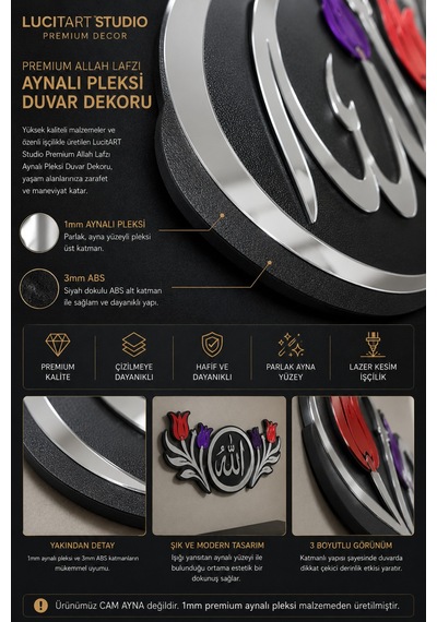 Studio Premium Allah Lafzı Aynalı Pleksi Duvar Dekoru Gold, Gümüş, Gold Rose 3mm Abs + 1mm Aynalı Pleksi Gümüş