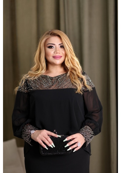 Lady Sharm Şifon Kumaşlı Kol ve Boyun Kristal Taşlarla Kaplı Elbise Siyah