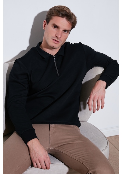 Buratti Pamuklu Regular Fit Yarım Fermuarlı Polo Yaka Erkek Sweat 5905789 Siyah