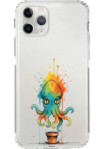 Apple Uyumlu iPhone 11 Pro İle  Splash Ahtapot Tasarımlı Kamera Korumalı Şeffaf Silikon Kılıf 051a