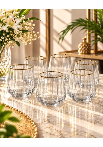 6lı Lal Kısa Çubuk Desen Kristal Bardak Seti -7939 Şeffaf