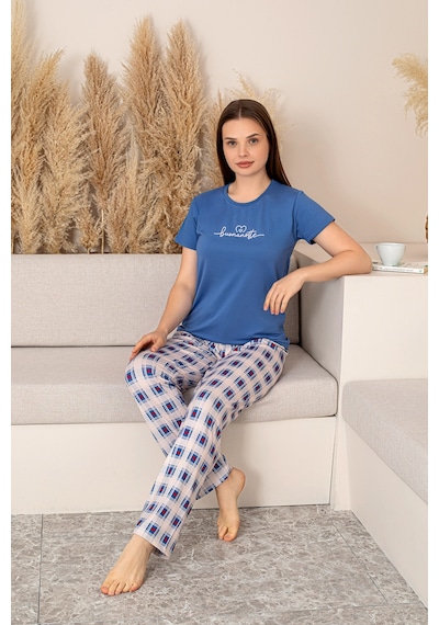 Nisanca Slim Fit Desenli Kısa Kol Mevsimlik Kadın Pijama Takımı mavi