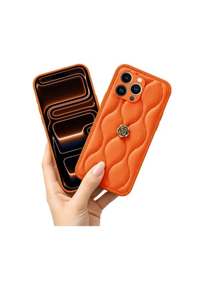 Apple İphone 16 Pro Max Uyumlu Kılıf Çiçekli Dalgalı Deri Kılıf Turuncu