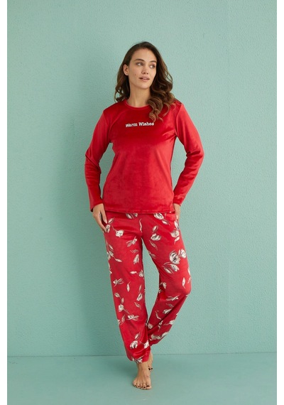 Mihra Stil Mihra 13312-5 Kadın Kışlık Kadife Pijama Takımı Kırmızı