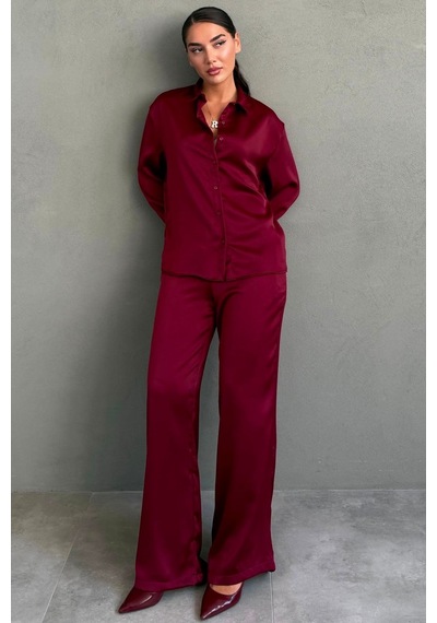 Madmext Bordo Saten Gömlek Pantolon Takım Mg2745