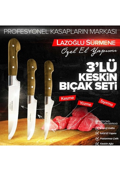 Lazoğlu El Yapımı 3'Lü Bıçak   Seti