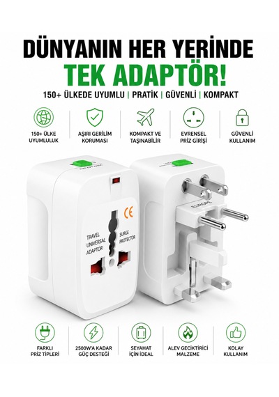 Universal Seyahat Adaptörü 150+ Ülke Uyumlu, Aşırı Gerilim Korumalı, Kompakt Ve Güvenli Priz Dönüştürücü