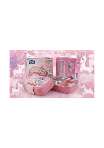 304 Paslanmaz Çelik 2 Katlı 2 Bölmeli 1030ml Happii Beslenme Çantası Temalı Lunch Box Pembe