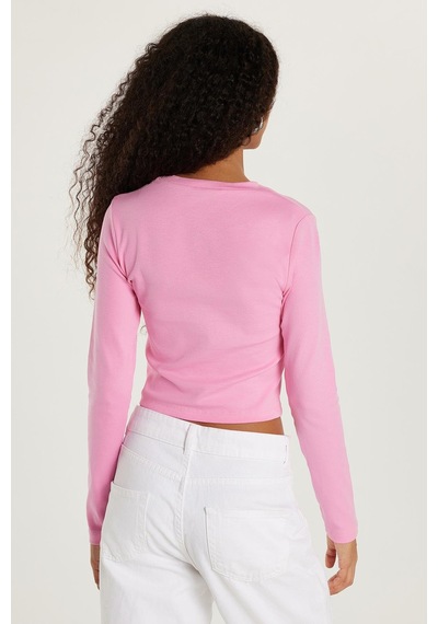 Tudors Kadın Slim Fit Dar Kesim Bisiklet Yaka Pembe Bluz-33370 Pembe