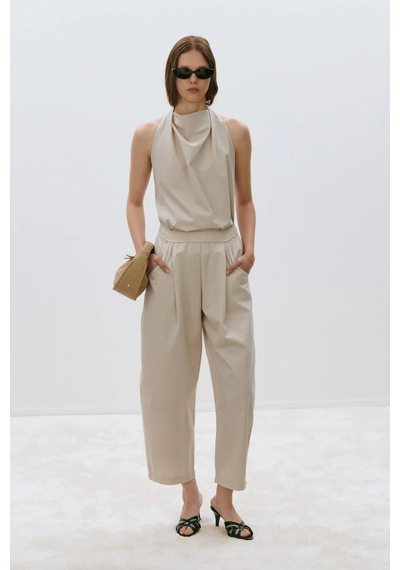 Suud Collection Bej Marty Halter Yaka Poplin Bluz