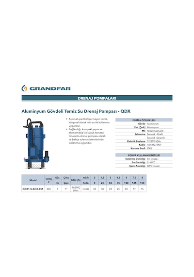 Grandfar Qdx 1.5-32-0,75f Keson Kuyu Dalgıç Pompası 1 Hp- 33 Metre