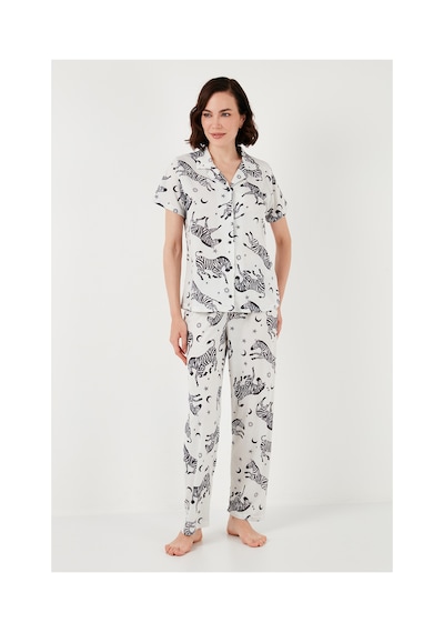 Lela Desenli Kısa Kollu Beli Lastikli Gömlek Yaka Dokuma Regular Fit Bayan Pijama Takımı 6571010 Ekru-Siyah