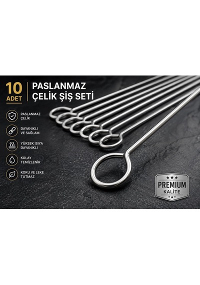 Lexroo 10'lu Paslanmaz Çelik Mangal Şişi Seti 20 Cm
