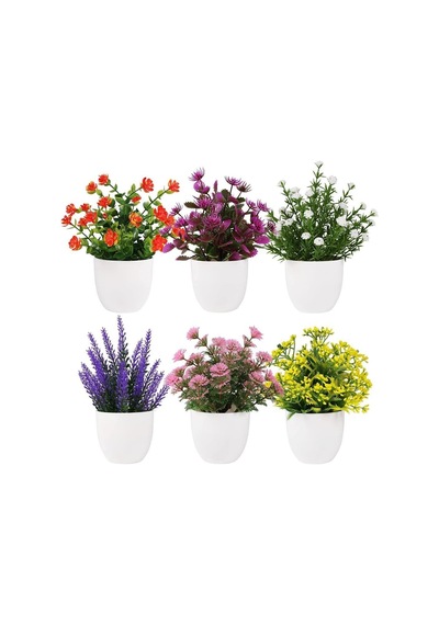 Nettenevime 6lı Set Yapay Çiçek Beyaz Saksıda 6 Çeşit Renkli Çiçekler Diğer