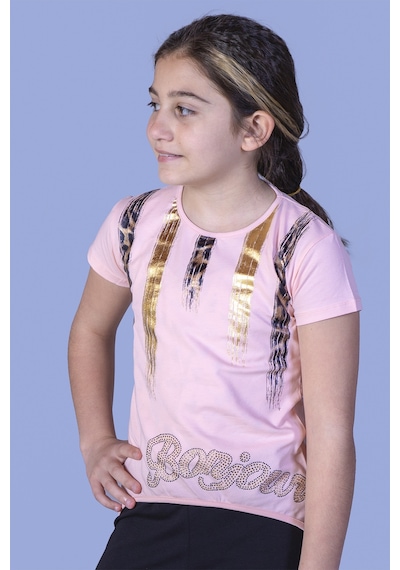 Toontoy Kids Toontoy Kız Çocuk Varak Baskılı Taş İşlemeli Tişört Pudra