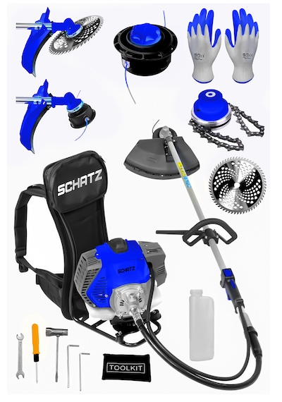 Schatz 5.9 Hp Sırt Tipi Benzinli Motorlu Ot Çalı Çim Biçme Tırpanı 11000rpm Mavi + Canavar Başlık