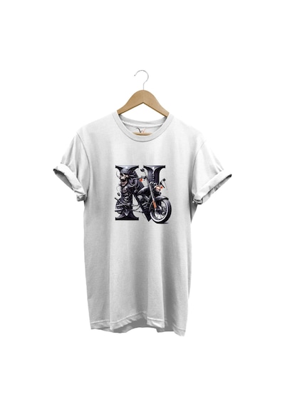 N Harfi Baskılı Motosiklet Kuru Kafa %100 Pamuk Regular Fit Bisiklet Yaka Beyaz T-shirt Beyaz