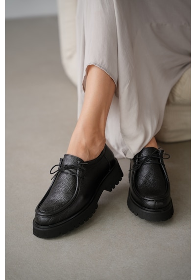 Orsel Hakiki Deri Bağcıklı Kadın Loafer- Siyah