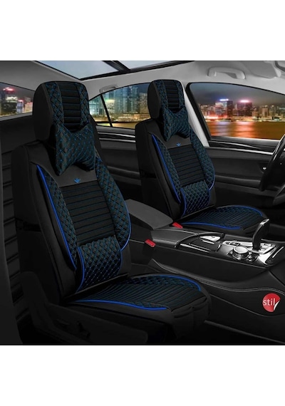 Ford Focus 1 Uyumlu Lüks Deri Oto Koltuk Kılıfı Ön Arka Takım Siyah Mavi Fs