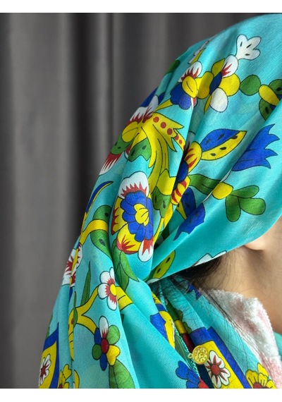 Çengelköy Desenli Pullu Yazma 100x100 Cm Etnik Çiçekli Başörtüsü Çeyizlik Ve Günlük Açık Turkuaz