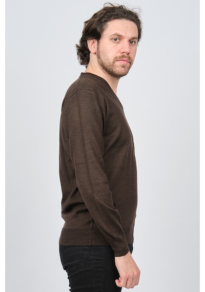 Woolen World Erkek V Yaka Desenli Yün Kazak 5597802 Kahverengi Kahverengi