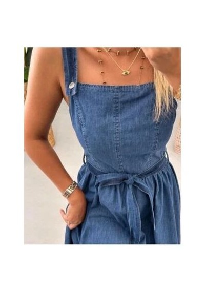Gesshop Kadın Askılı Etek Volanlı Kuşaklı Midi Boy Denim Elbise Koyu Mavi