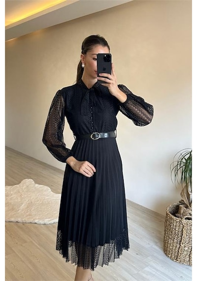 Neşeli Butik Kadın Dantelli Piliseli Yaka Bağlamalı Midi Elbise Nm012 Siyah
