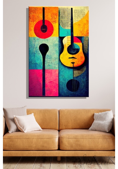 Duvar Tablosu Modern Dikey Kanvas Tekli Salon Mutfak Yatak Odası Ofis Müzik Renkli Gitar Nota