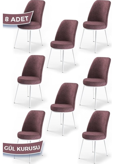 Canisa Concept Dexa Serisi, Üst Kalite Yemek Odası Sandalyesi, Metal Beyaz Iskeletli, 8 Adet Gülkurusu Gül Kurusu, Metal