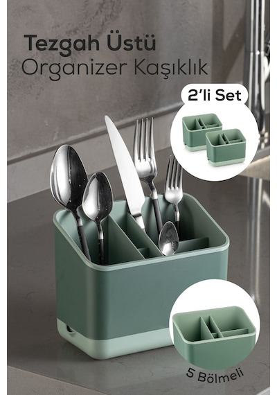 Vienev 2 Adet Tezgah Üstü Kaşık Düzenleyici 5 Bölmeli Organizer Kaşıklık Yeşil