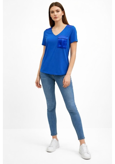 Mavi Saten Cepli Kadın T-shirt Renkli