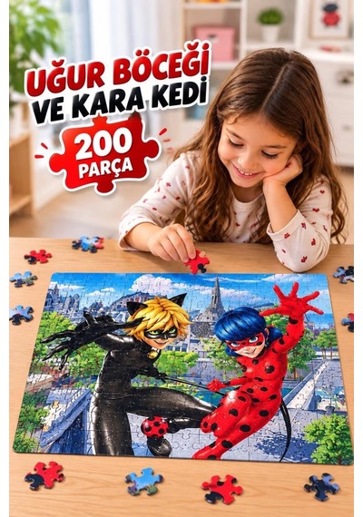 Uğur Böceği Ve Kara Kedi 200 Parça Puzzle Yüksek Baskı Kaliteli Eğlenceli Puzzle
