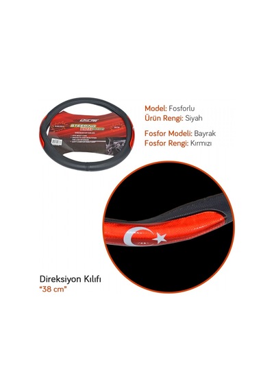 Oscar Direksiyon Kılıfı Fosforlu 38 Cm Siyah (Türk Bayrağı) Osn-1