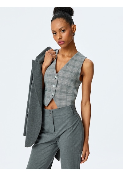 Koton V Yaka Viskon Karışımlı Cepli Slim Fit Ekose Kolsuz Crop Yelek Gri Ekose 5sak20086ew Gri Ekoseli Gri