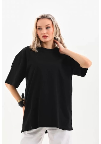 Ge Ticaret Unisex Bisiklet Yaka 20/1 Düz Oversize T-shirt - Siyah SIYAH