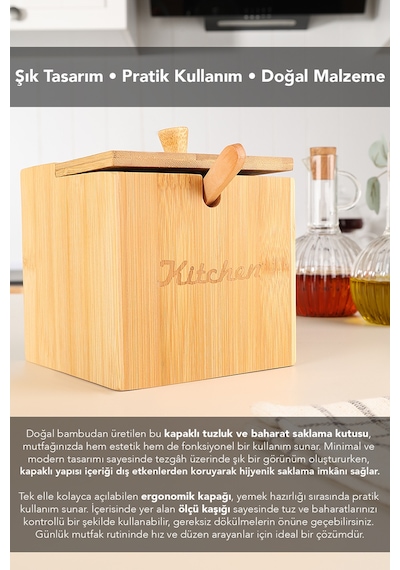 Kaşıklı Bambu Baharat Kutusu - Bambu Kapaklı Tuz Kabı Tuzluk Baharatlık Kutu 12x12 Cm Bej