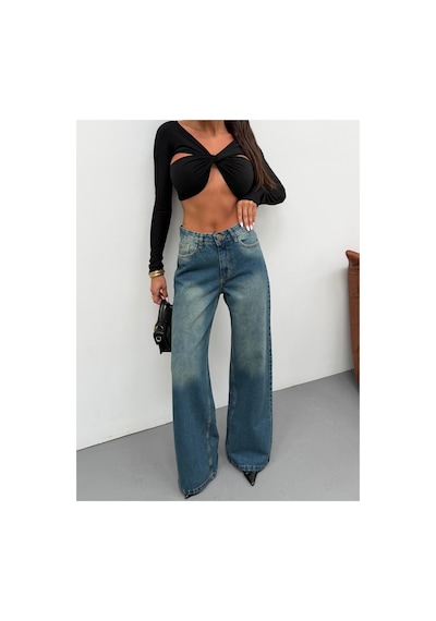 Kene Jeans Kadın Wide Leg Yüksek Bel Bol Paça Kot/denim Palazzo Pantolon Yeşil Tintli