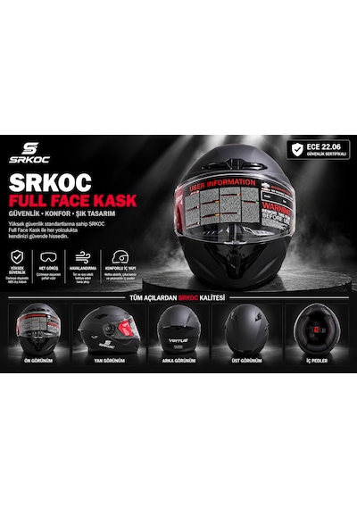 Srkoc İntercom Uyumlu Full Face Ece 22.06 Sertifikalı Mat Siyah Motorsiklet Kaskı