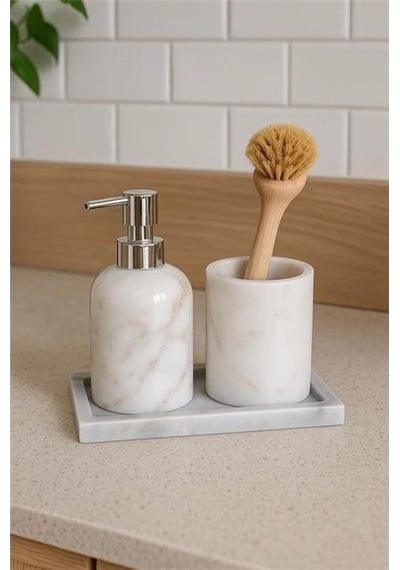 Akayev Mermer Beyaz 3 Parça Gümüş Banyo Seti Mutfak Sıvı Sabunluk Seti Beyaz