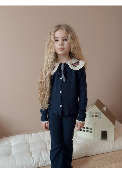 Miniko Kids Kız Çocuk Yaka Dantelli Fitilli Kaşkorse Bayramlık Taytlı Takım Lacivert