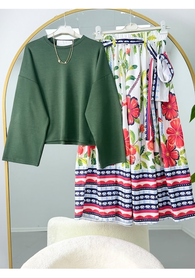 Lovie Moda Basic Bluz Çiçek Desenli Etekli Takım Haki