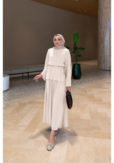 Riella Butik Ahen Oysho Kumaş Oversize Günlük Tesettür Takım Krem