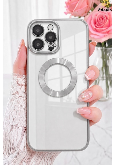 Fibaks iPhone 14 Pro Max Uyumlu Kılıf Kamera Lens Korumalı Şeffaf Renkli Logo Gösteren Parlak Kapak Gümüş