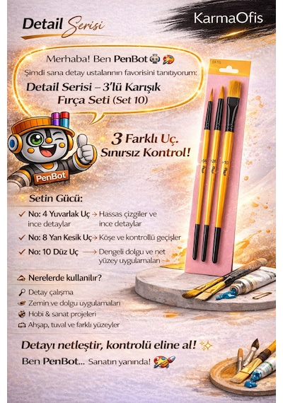 3 Lü Karışık Boya Fırça Seti Set 10 Yuvarlak, Yan Kesik Ve Düz Uçlu Profesyonel Hobi Fırçası