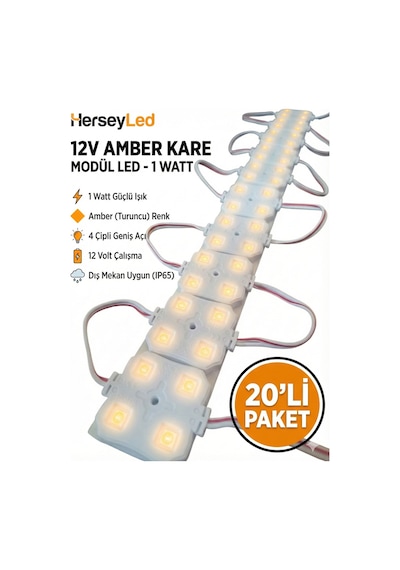 20 Adet Amber Renk Kare Merceksiz 12 Volt Beyaz