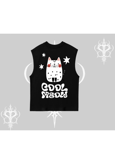 Tarzsokak Cool Meow Yazılı Sevimli Kedi Arka Baskılı Kolsuz Tshirt Siyah