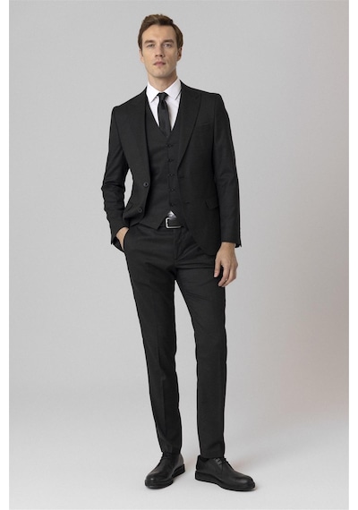 Süvari Siyah Slim Fit Armürlü Sivri Yaka 6 Drop Yelekli Klasik Takım Elbise-35629 Siyah